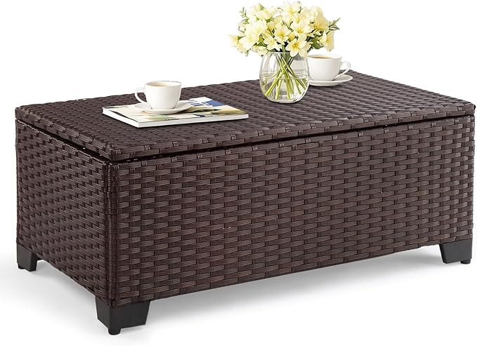 VINGLI Outdoor Coffee Table with Storage, All-Weather Dark Brown Wicker Patio Table for Garden, Balcony, Backyard