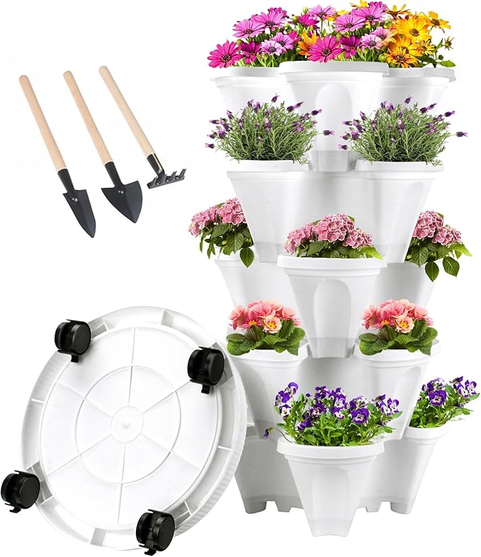 GameXcel Vertical Planter 5 Tier Stackable Planters Garden Planters Strawberry Herb Flower and Vegetable Planter Indoor Outdoor Gardening Pots with Removable Wheels and Tools White