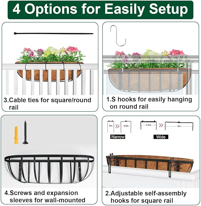 4 Pack 16" Railing Planter Window Box with Coco Fiber Liner Horse Trough Planter The Railing Planters Boxes for Deck Porch Fence Outdoor