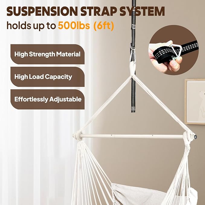 Chihee Hammock Chair 4.9ft x 3.9ft Max 500 Lbs Widen Hanging Swing 2 Cushions Included Metal Spreader Bar with Anti-Slip Grooves Portable Comfy Hanging Chair Side Pocket Bohemian Chair Indoor Outdoor