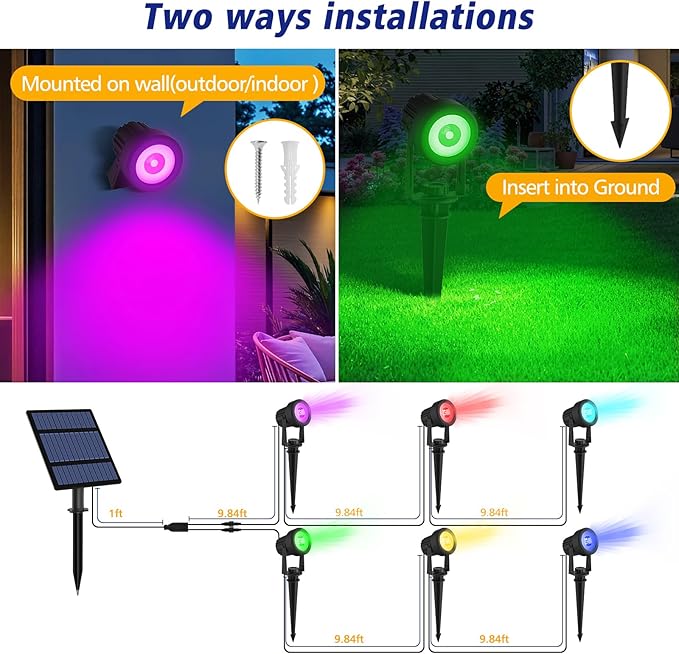 T-SUNUS RGB Solar Spot Lights Christmas Outdoor 6-in-1, Color Changing Landscape Spotlights Pond Lighting Waterproof IP65 9.8ft Cable for Tree Patio Pathway Yard Garden Wall Flag Halloween Holiday