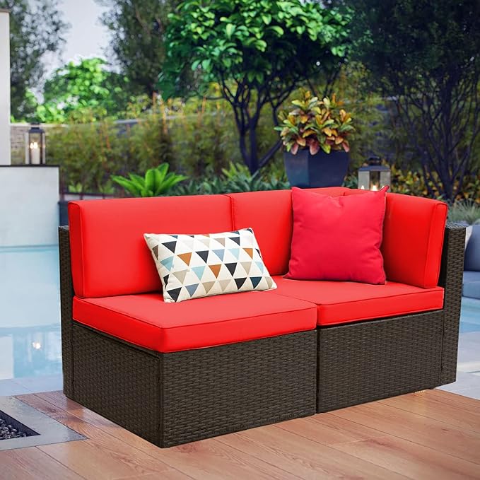Devoko 2-Piece Modern Red Rattan & Metal Patio Sofa Set - Sectional Corner Sofa & Armless Sofa