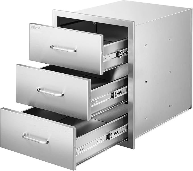 VEVOR Outdoor Kitchen Drawers 18.11" W x 23.23" D x 23.23" H, Triple-Access Stainless Steel Modular Drawer Cabinet with Handles, BBQ Island Drawer for Outdoor Kitchen or BBQ Island Patio Grill Station