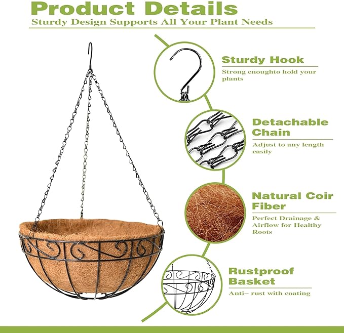 4 Pack 14 Inch Hanging Baskets for Plants Outdoor Metal Hanging Planter Hanging Flower Baskets with Coco Fiber Liners Chain Round Wire Plant Holder Hangings Flower Pots(Plaid)