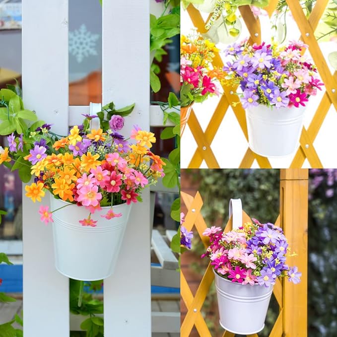 KINGLAKE Flower Pots,10 Pcs Metal Iron Hanging Flower Plant Pots Balcony Garden Plant Planter Baskets Fence Bucket Pot 4'' Flower Holders with Detachable Hook White