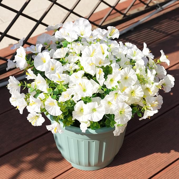 Artificial Flowers for Outdoors, UV Resistant Fake Silk Morning Glory, Realistic Faux Plants for Outside Porch Patio Window Box Hanging Planter (16, White)
