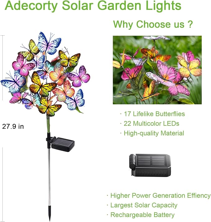 Solar Garden Lights Solar Lights Outdoor Waterproof Decorative 4 Pack with 88 LED 68 Butterfly Solar Lights for Garden Yard Decor Christmas Decorations, Gifts for Mother's Day Mom