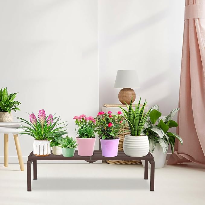 1 Tier Metal Plant Stand Indoor Outdoor, Potted Multiple Flower Pot Holder Rack Plant Shelf, Heavy Duty Planter Display Shelving for Patio Balcony Garden Living Room Decorative (Brown)