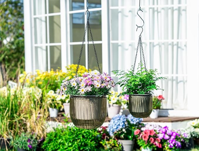 Josteve 5.2/8.2 Inch 2 Pcs Self Watering Hanging Planter Indoor Plant Pots Drainage Holes, Outdoor Small Hanging Planters Flower Pot Basket, Visible Water Level, Plant Hanger Home Decor, Gardening