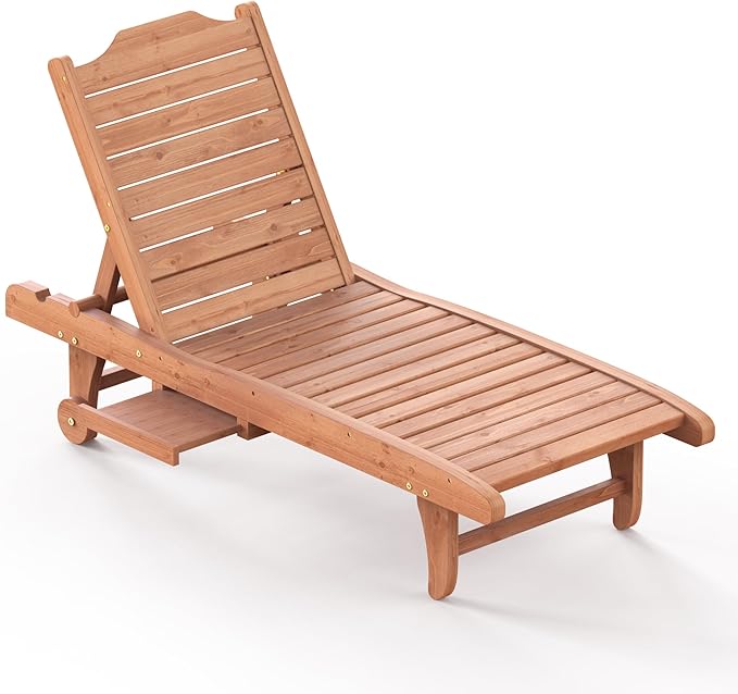 Wooden Chaise Lounge Chair, 3-Position Adjustable Outdoor Tanning Chair with Hidden Side Tray & Wheels, Poolside Patio Sun Chair