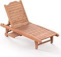 Wooden Chaise Lounge Chair, 3-Position Adjustable Outdoor Tanning Chair with Hidden Side Tray & Wheels, Poolside Patio Sun Chair