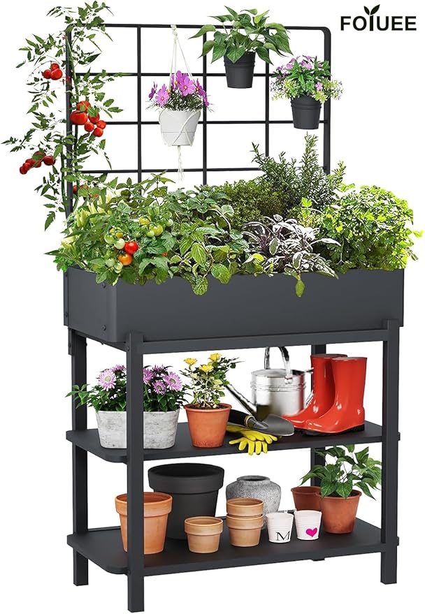 Metal Raised Garden Bed with Trellis & 2-Tier Storage Shelf, Elevated Planter Box with Legs -Includes 3 Flower Pots, Outdoor Vertical Garden for Vegetables Herbs Climbing Plants Patio Balcony