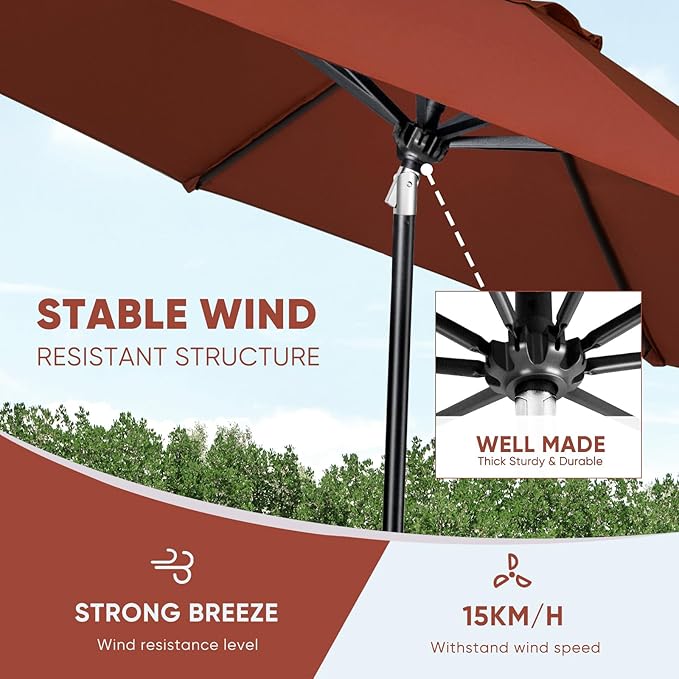 Tempera Patio Market Outdoor Table Umbrella with Auto Tilt and Crank, Large Sun Umbrella with Sturdy Pole & Fade Resistant Canopy, Easy to Set