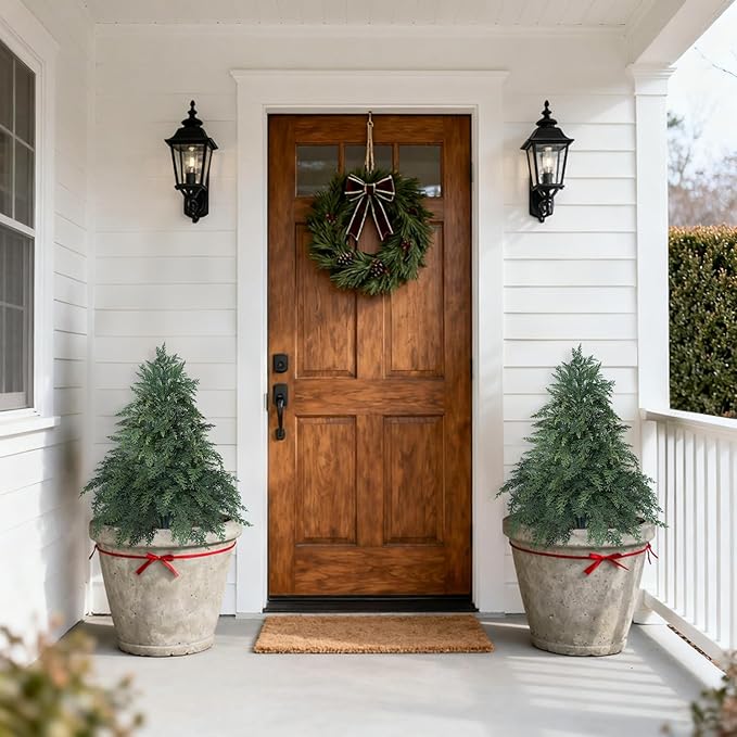Artificial Cypress Topiary Cedar Trees with Ground Spike, 2 Pieces Fake Pine Shrubs Bushes, UV Resistant Faux Evergreen Tree Plants for Indoor Outdoor Planters Front Porch