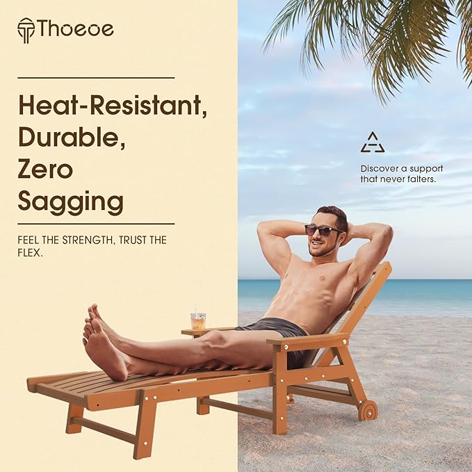 Patio Chaise Lounge Chair Set of 2, Oversized Lounge Chair Outdoor with 5 Positions, HDPE, Patio Lounge Chair with Wheels & Cup Holder for Pool, Deck, Poolside,Wood