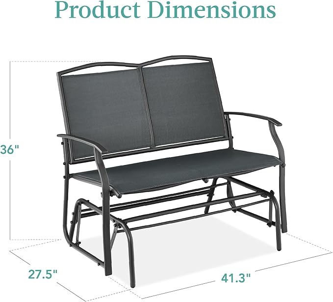 Best Choice Products 2-Person Outdoor Patio Swing Glider Steel Bench Loveseat Rocker for Deck, Porch w/Textilene Fabric, Steel Frame - Dark Gray