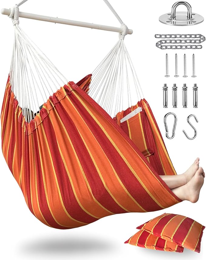 XXL Hammock Chair Hanging Rope Swing with 2 Cushions - Max 500lbs-Perfect for Patio, Porch, Bedroom, Backyard, Indoor or Outdoor - Includes Hanging Hardware Kits