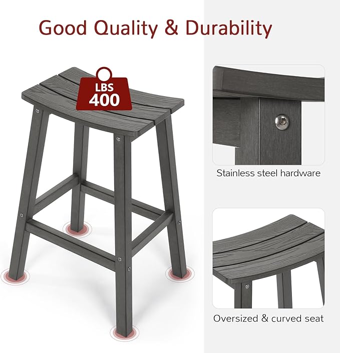 All-Weather Bar Stools Set of 2, 28" Height Outdoor Bar Stools, Never Rot or Fade, for Bar, Kitchen Counter, Deck, and Patio, Grey