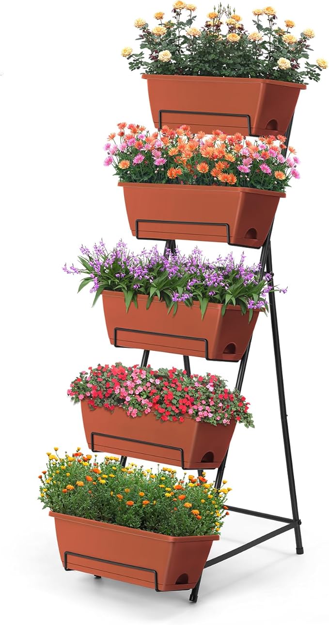 5 Tier Vertical Raised Garden Bed Planter Box, Vertical Raised Bed with Drainage Holes for Indoor Outdoor Herbs Flowers Vegetables Plants, Red