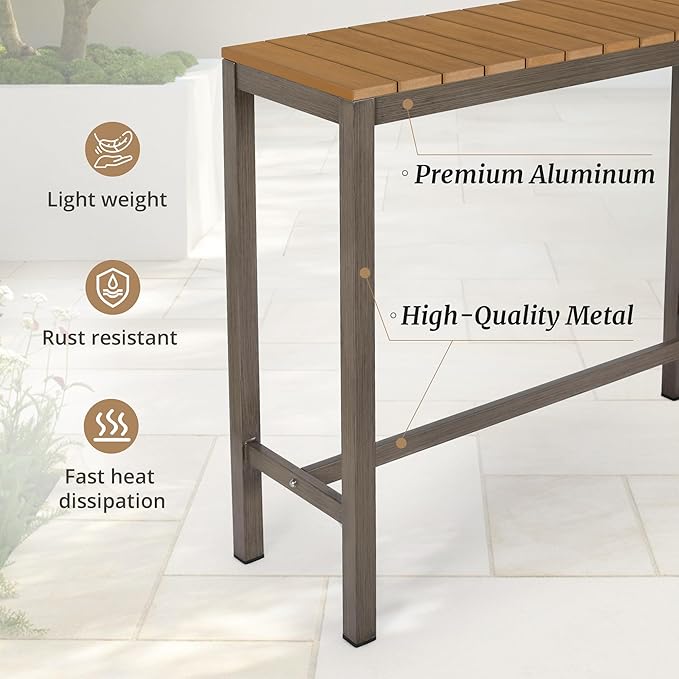 Outdoor Bar Table, 45" Patio Bar Height Counter Console Table, Waterproof HDPS Slatted Top, Weather Resistant, Hot Tub, Balcony, Yard, Indoor or Outdoor Use, Teak