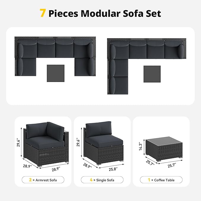 Aoxun Patio Furniture Set, 7 Piece Outdoor Sectional Sofas with Waterproof Cover, Wicker Rattan Outdoor Furniture Patio Conversation Set for Backyard, Garden Dark Grey