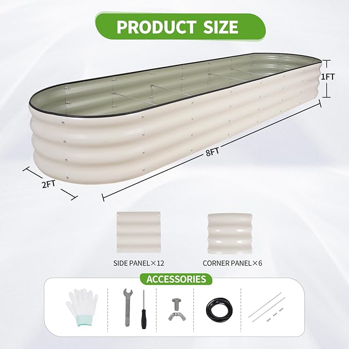 Galvanized Raised Garden Bed - 8x2x1FT Metal Planter Boxes Outdoor | Oval Steel Raised Bed Kit for Gardening with Protective Tape, Bracing Rods, Gloves for Vegetables, Flower, Herb (White)