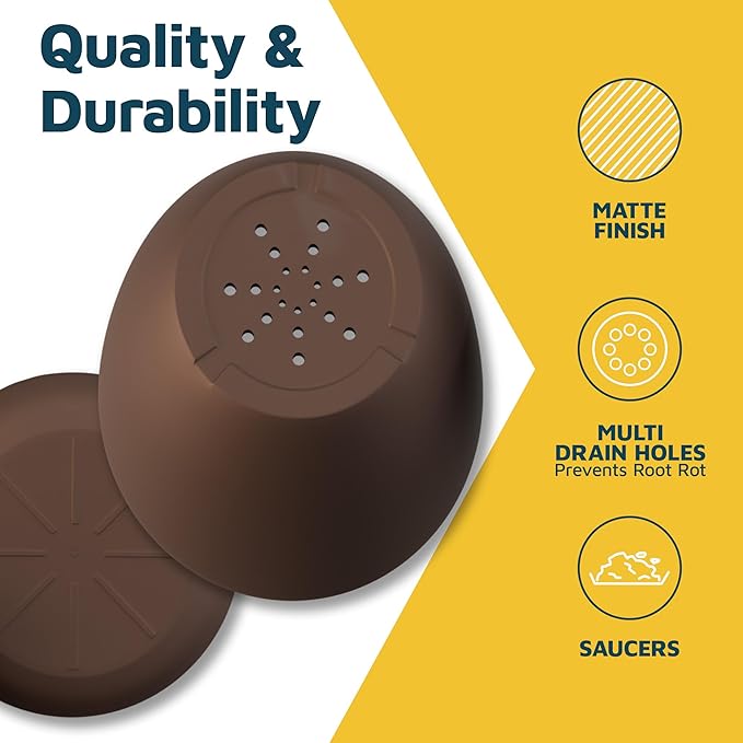 Brown Plant Pots with Drainage Holes & Saucers 3 Pack, Indoor & Outdoor Stackable Space-Saving Planters for Houseplants & Flowers, (7", 6.7", and 6" Inches), Durable & Weatherproof Materials