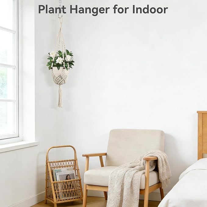 USLAI Macrame Plant Hanger Indoor Outdoor, Fits 3 to 6.5 inch Pots, Hanging Planter Holder with Beads and Tassels, Boho Home Decor, 35+35 Inch, Ivory (POTS NOT Included)