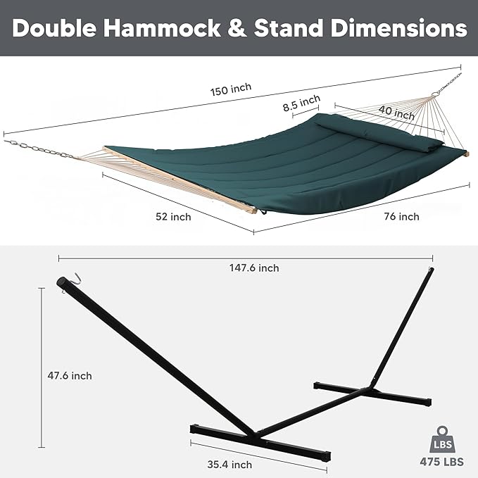 SUNCREAT Hammocks Two Person Hammock with 12ft Stand Included, Max 475lbs Capacity, Heavy Duty Free Standing Hammock, Dark Green