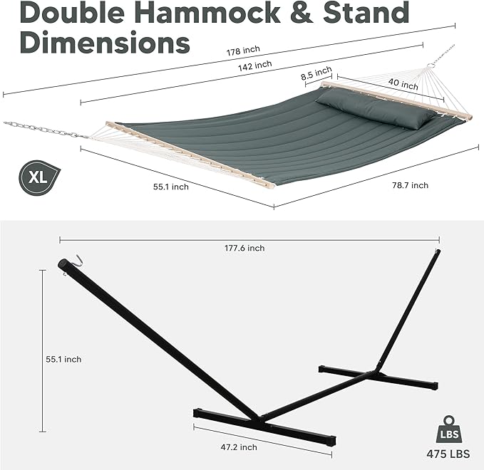 SUNCREAT Standing Hammock with 15 ft Stand, Hammocks for Outside, Gray Green