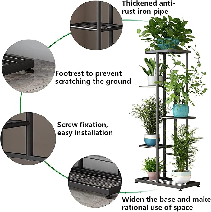 LINZINAR Plant Stand Indoor Outdoor Metal 5 Tier 6 Potted Multiple Flower Pot Holder Shelf Planter Display Shelving Unit for Patio Garden Corner Balcony Living Room (5 Tier 6 Potted, Dark Grey)