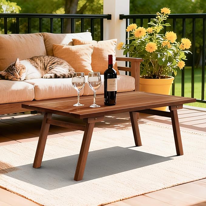 VINGLI Outdoor Folding Coffee Table, Natural Poplar Wood Patio Coffee Table, No Assembly Required, Ideal for Balcony, Porch, and Living Room, Rectangle, Natural