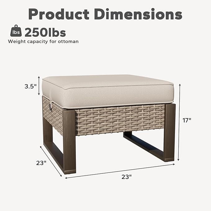 Joyside Outdoor Patio, All-Weather PE Rattan Ottomans Footstools with Removable Cushions & Anti-Rust Wood-Looking Legs for Garden, Backyard, Porch, Deck (Beige)