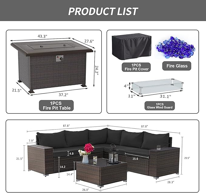 Kullavik 7 Pieces Outdoor Patio Furniture Set with 43" 55000BTU Gas Propane Fire Pit Table PE Wicker Rattan Sectional Sofa Patio Conversation Sets,Black