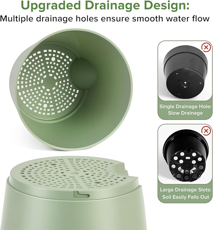 GARDIFE 2026 Upgraded Self Watering Plant Pots with Drainage Hole, 8/7/6.5/6/5.5/5/4 Inch Flower Planting Containers for House Plants, African Violet, Flowers, Cactus (Green, 8+7+6.5+6+5.5+5+4 inch)