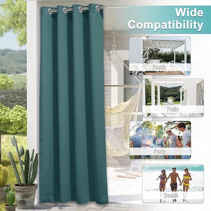 NICETOWN 2 Panels Weighted Outdoor Curtains for Patio Waterproof, Stainless Steel Silver Grommet Thermal Insulated Blackout Outdoor Drapes for Patio/Front Porch, W52 x L108, Teal