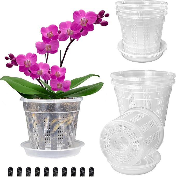 Orchid Pot with Saucers, 6 Packs of 5.5" Orchid Pots with Holes, Orchid Pots for Repotting, Plastic Orchid Planter for Indoor Outdoor Plants (6 Packs, 5.5" with Saucers)