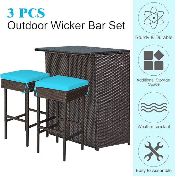 Tangkula Patio Bar Set, 3 Piece Outdoor Rattan Wicker Bar Set with 2 Cushions Stools & Glass Top Table, Outdoor Furniture Set for Patios Backyards Porches Gardens Poolside (Turquoise)