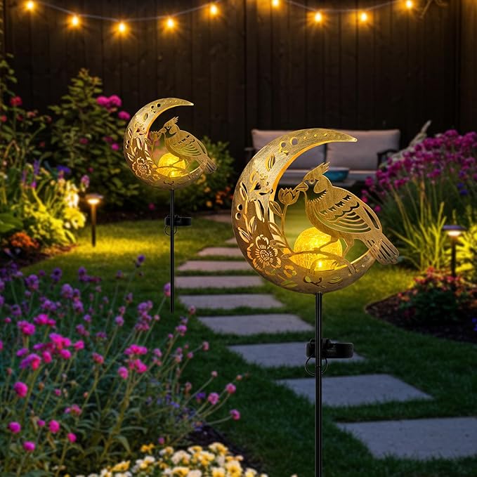 JOBOSI Solar Moon Cardinals Garden Light, Moving Moon & Cardinals Stake Decor for Yard, Lawn, Gifts for Women Mom Grandma, Christmas, New Year Decor Gift