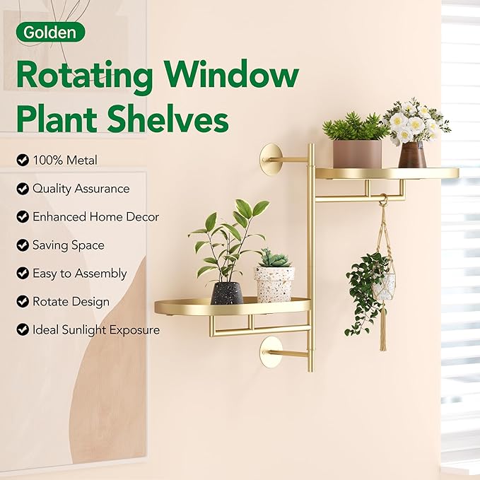 Rotating Window Shelves for Multiple Plants Indoor,2-tier Metal Corner golden Plant Stand Holder Floating Hanger Shelf for Wall，Windows Sill Gifts for Planter Lover to Enhance Home Decor