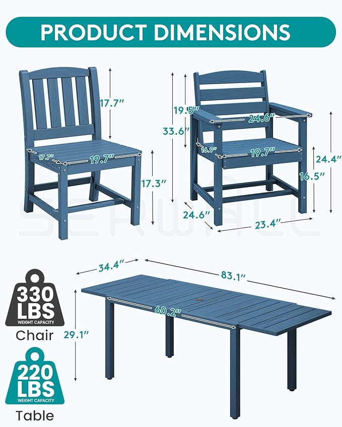 SERWALL 11-Piece Outdoor Dining Set, 60" - 83" Expandable Outdoor Dining Table and 10 HDPE Chairs, All Weather HDPE Outdoor Furniture Set for Backyard, Garden, Blue