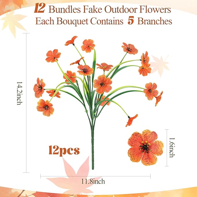 MACTING Artificial Fall Flowers for Outdoors 12 Bundles Faux Mums Plants Fake Silk Outdoor Flowers UV Resistant No Fade for Planters Front Door Porch Patio Outside Thanksgiving Autumn Decor,Orange