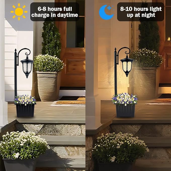 Solar Lamp Post Light with Planter, Outdoor Solar Lights with Crackle Glass, Matte Black Outdoor Flower Pots, 2 in 1 Solar Post Lights Waterproof for Porch Garden Patio