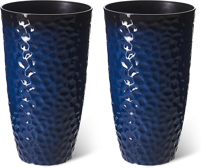 Glitzhome 23.75" H Oversized Tall Planter,Modern Set of 2 Honeycomb Textured Gradient Cobalt Blue Round Garden Plant Pots with Drainage Holes Flower Containers for Indoor Outdoor,Front Porch,Patio