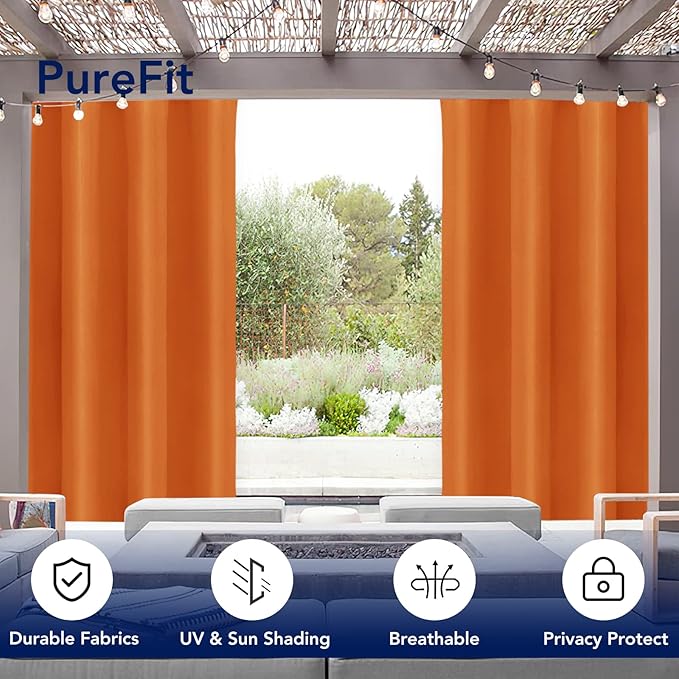 PureFit Outdoor Curtains for Patio Waterproof Weatherproof, UV and Fade Resistant Outside Curtains for Gazebo, Front Porch, Pergola, Sun Blocking Privacy Curtain, 52W x 108L inch, 1 Panel, Orange