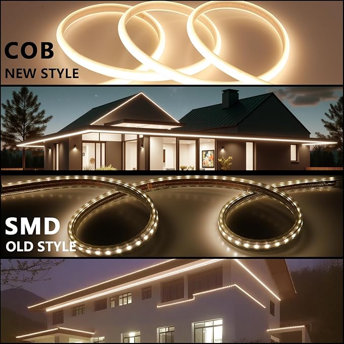 AC 110V COB LED Strip Lights Outdoor Waterproof 65.6ft, 3000K Warm White Super Bright 200W CRI 90+ LED Rope Light, IP65 Flexible Cuttable, for Bedroom Garden Commercial House