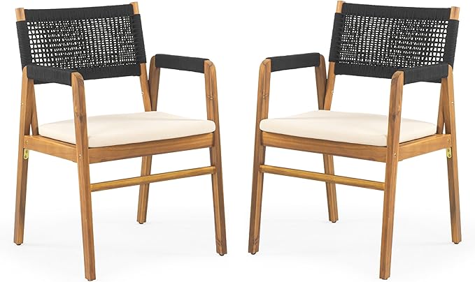 Christopher Knight Home Pasco Acacia Wood Outdoor Dining Table Set for 6, Wicker Patio Dining Set with Acacia Wood Table and Bench, Patio Table and Chair Set with Cushion+Rope Backrest,Black+Teak+Grey