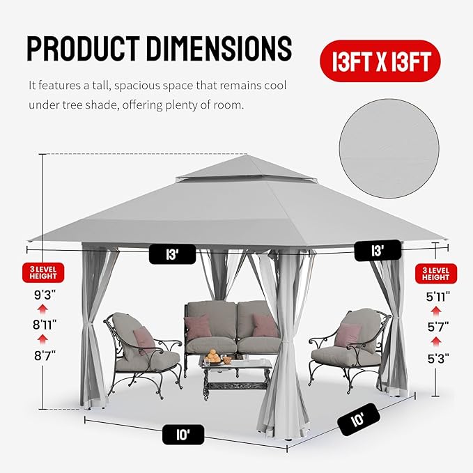 CROWN SHADES 13x13 Pop Up Gazebo, Canopy Tent, Gazebos on Clearance - Outdoor Gazebo for Backyard & Patio Furniture - Carpa Pop Up Tent with Wheeled STO-N-Go Cover Bag (Grey)