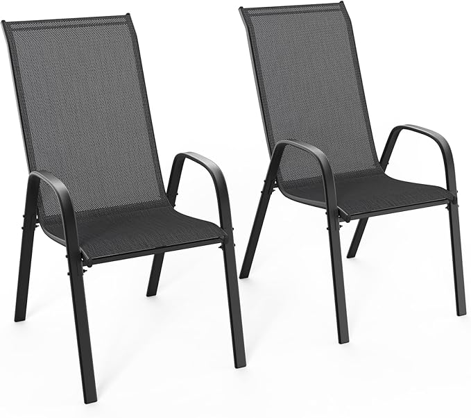 VINGLI Patio Chairs Set of 2 – Stackable Outdoor Dining Chairs with Comfortable Sling High Back Chairs and Armrests for Lawn, Poolside, Courtyard, Balcony, Garden, Black