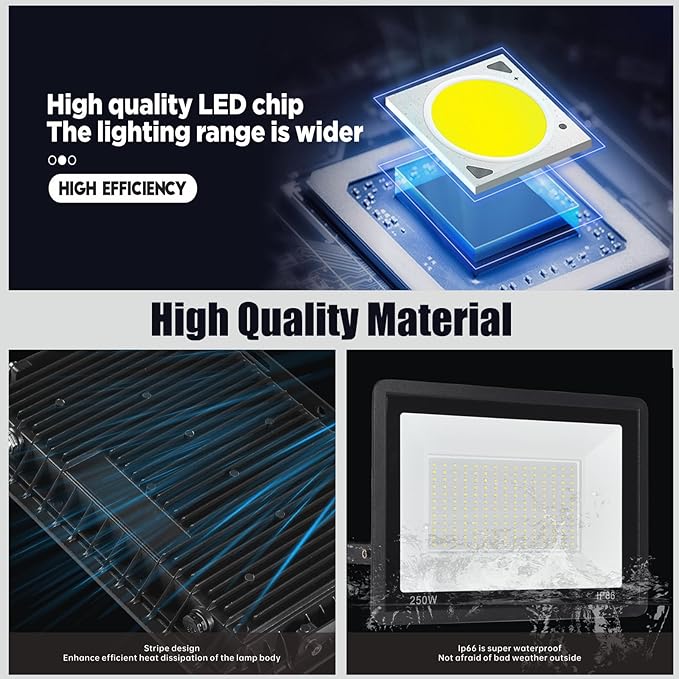4Pack LED Flood Light Outdoor,250W LED Work Light 25500lmwith 6FT US Plug,IP66 Waterproof Exterior Security Lights,6000K Daylight White Outside Floodlights Slim Design for Playground Yard